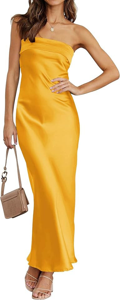 MEROKEETY Women 2025 Summer Strapless Satin Tube Bodycon Backless Wedding Guest Maxi Dress | Amazon (US)