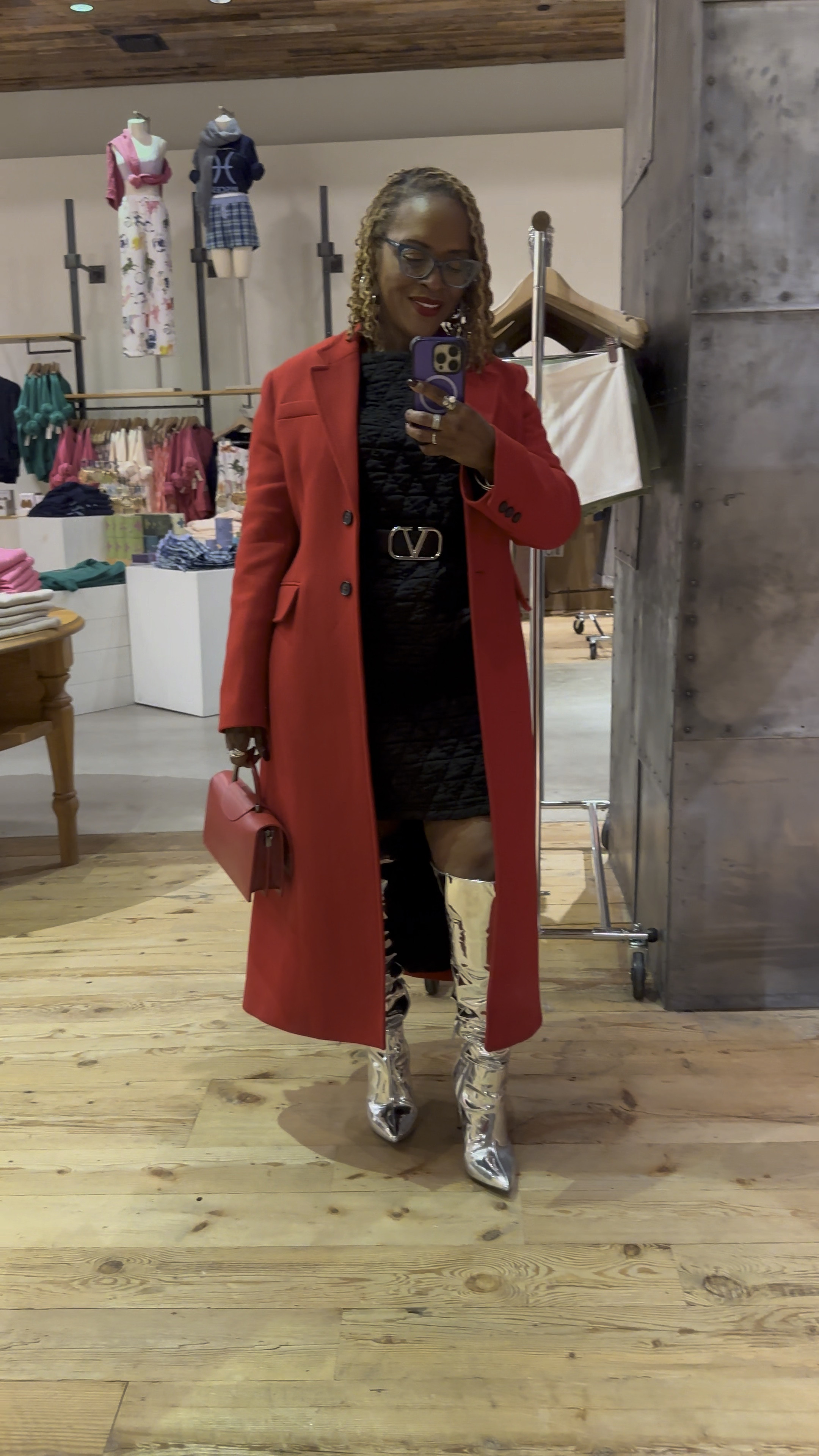 Holiday shopping in style 

Red wool longline coat
Black dress 
Silver metallic boots
Valentino black silver belt
Red top handle purse 

#LTKShoeCrush #LTKHoliday #LTKParties