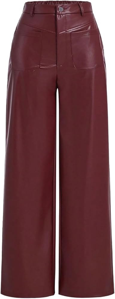 MakeMeChic Women's Leather Pants High Waist Wide Leg Pants Elastic Straight Party Trousers with P... | Amazon (US)