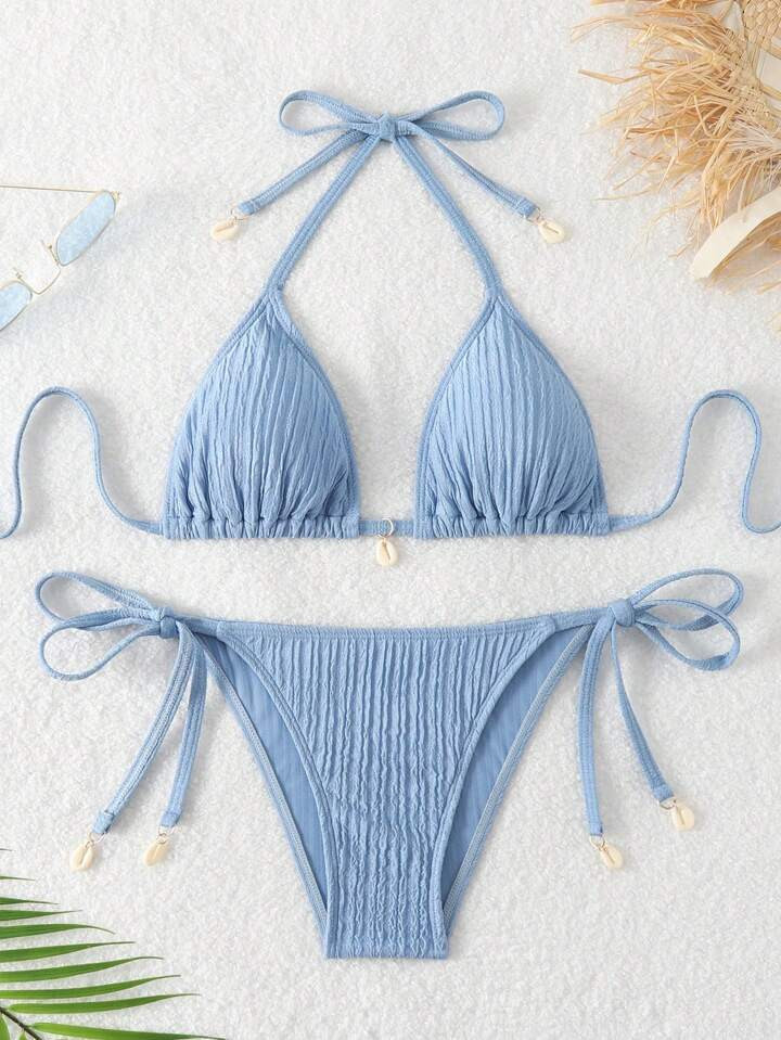 Swim Mod Zweiteiliges Bikini-Set Mit Textur Am Strand Und Halter-Nackenbindung Für Den Sommer | SHEIN