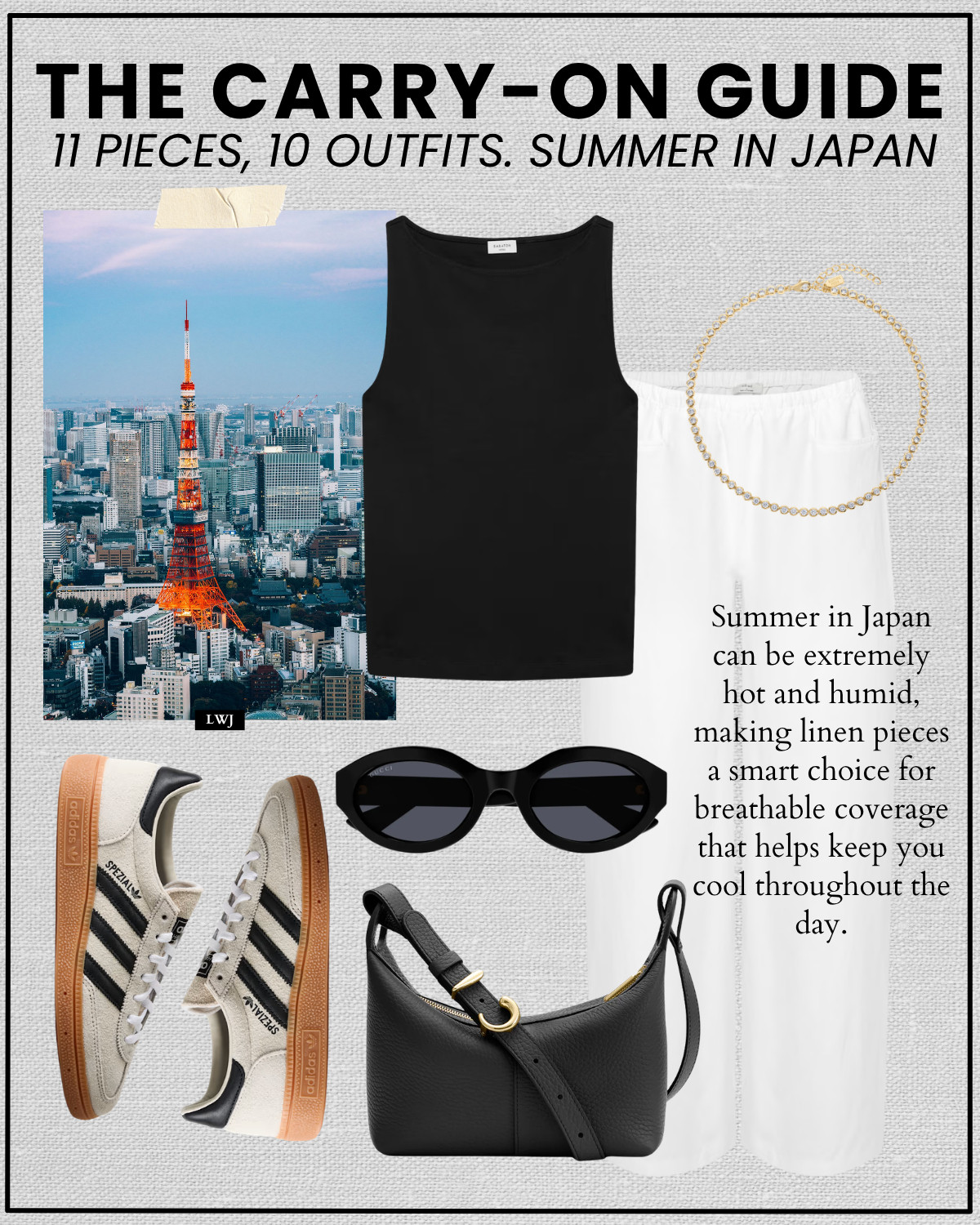 japan summer travel capsule in a carry-on 

summer outfits / summer vacation / japan outfits / tokyo outfit / linen pants / cute summer tops / strappy sandals

#LTKTravel