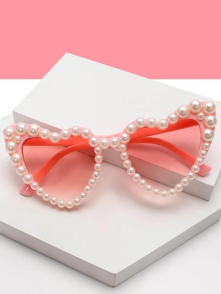 1pair Women Faux Pearl Decor Heart Frame Funky Sunglasses, For Outdoor | SHEIN