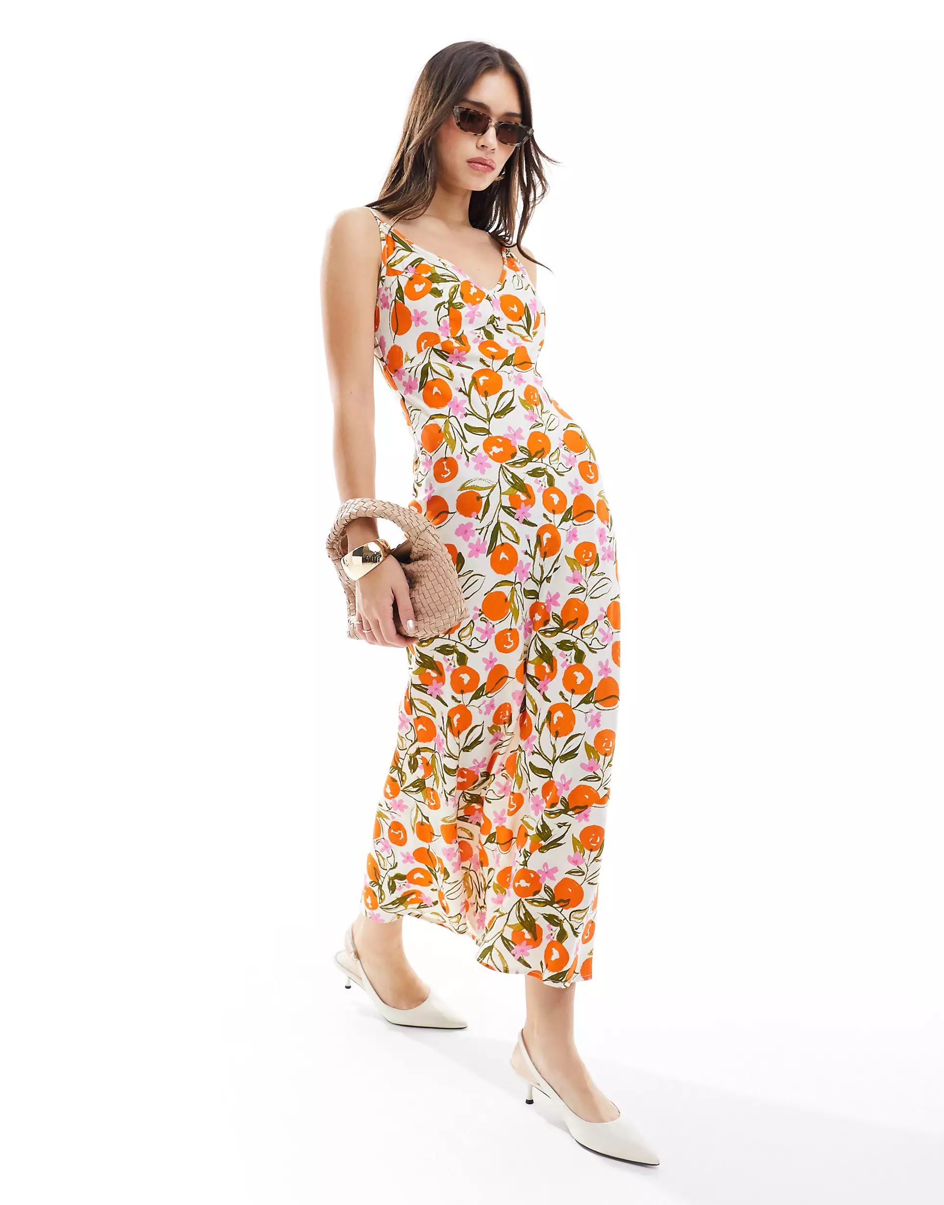 ASOS DESIGN high apex spun midi dress in orange fruit print | ASOS | ASOS (Global)