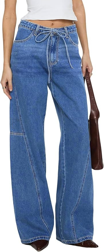 Sidefeel Women's Wide Leg Jeans Low Waisted Stretchy Drawstring Button Down Denim Pants | Amazon (US)