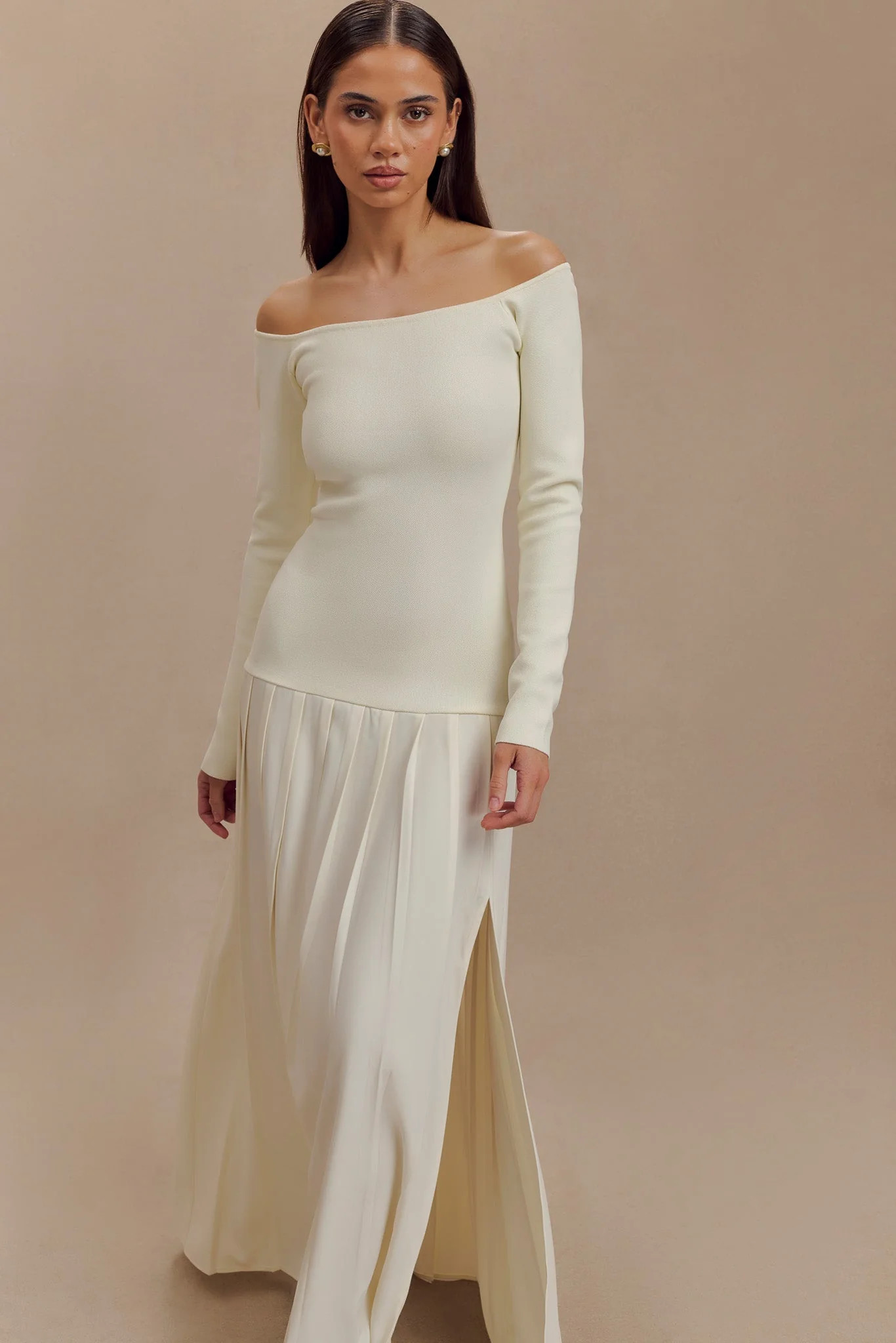 Presley Knit Off Shoulder Maxi Dress - Ivory | MESHKI US