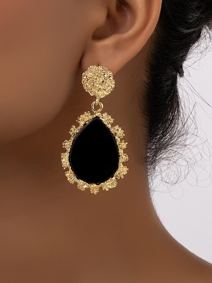 1pair Vintage Teardrop Shaped Black Obsidian-like Stone Dangle Earrings, Exquisite & Elegant For ... | SHEIN