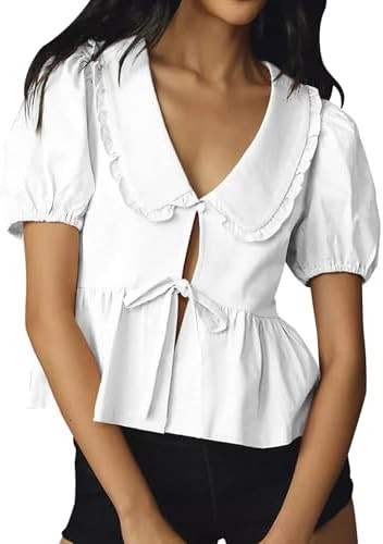 Womens Peter Pan Collar Blouse Babydoll Shirt 2025 Puff Short Sleeve Tie Front Peplum Blouse Goin... | Amazon (US)