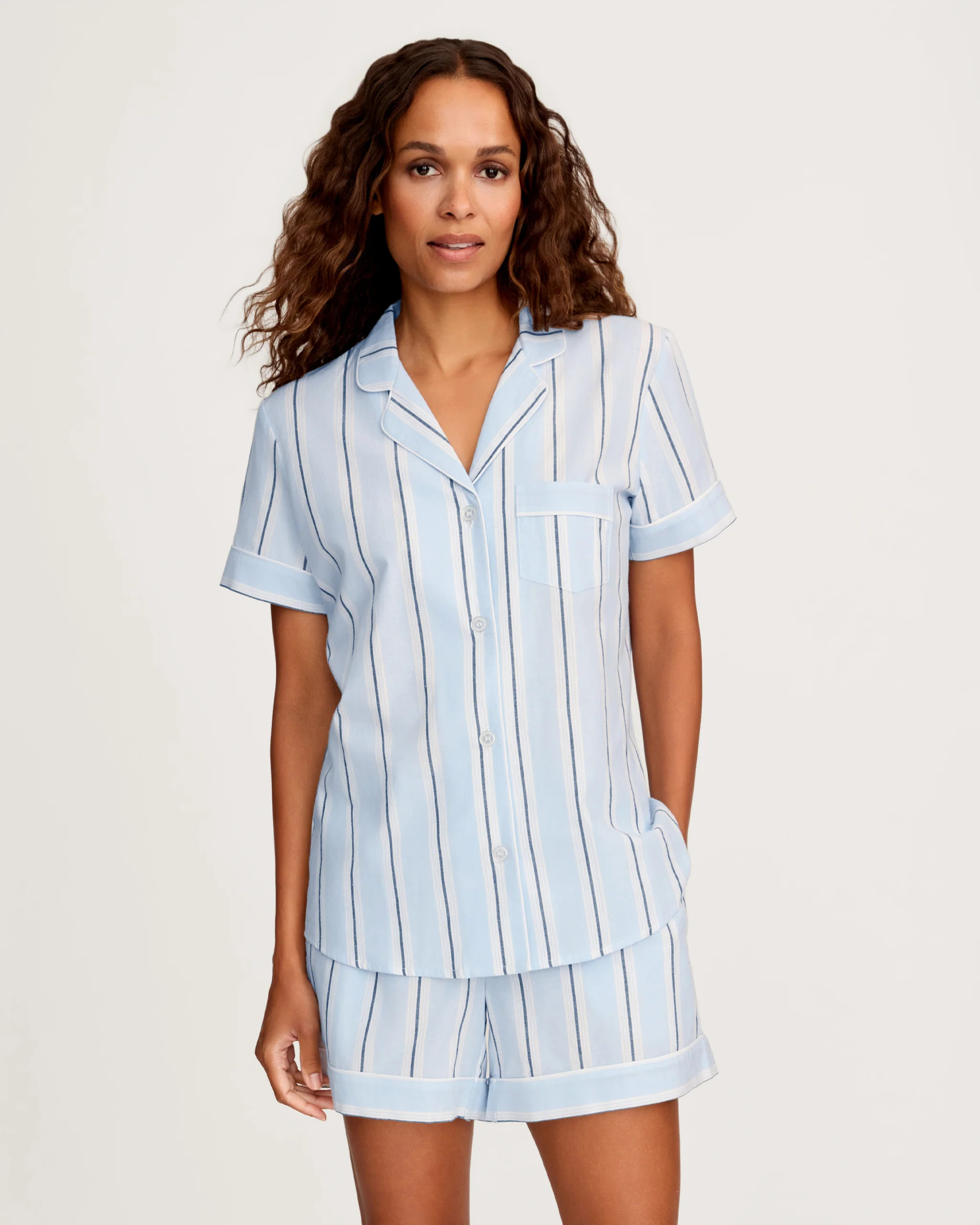 Women's Twill Short Sleeve Short Set in Coastal Stripe | Petite Plume