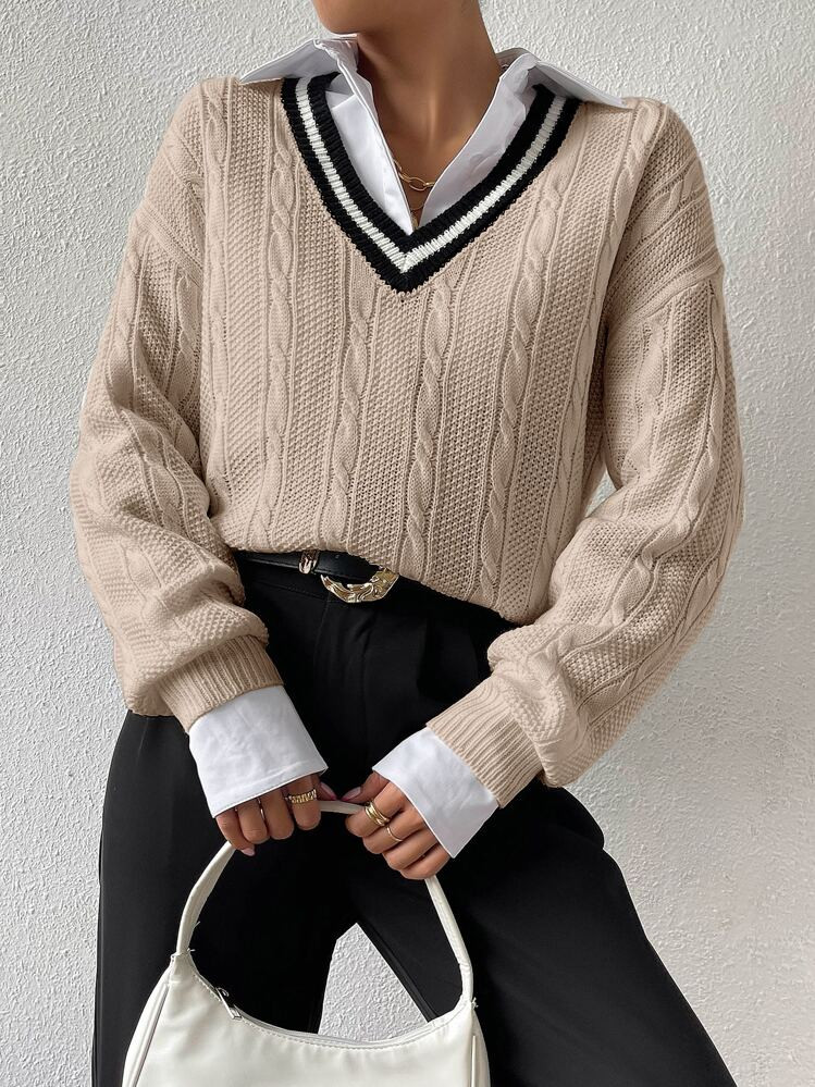 SHEIN Relaxiva Striped Trim Drop Shoulder Cable Knit Sweater Without Blouse,Ladies Spring/Fall Ca... | SHEIN