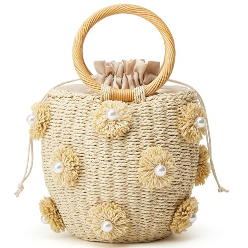 Summer Straw Bag for Women Pearl Flower Bucket Tote Bag Diamond Handbag Hand Woven Rattan Shell P... | Amazon (US)