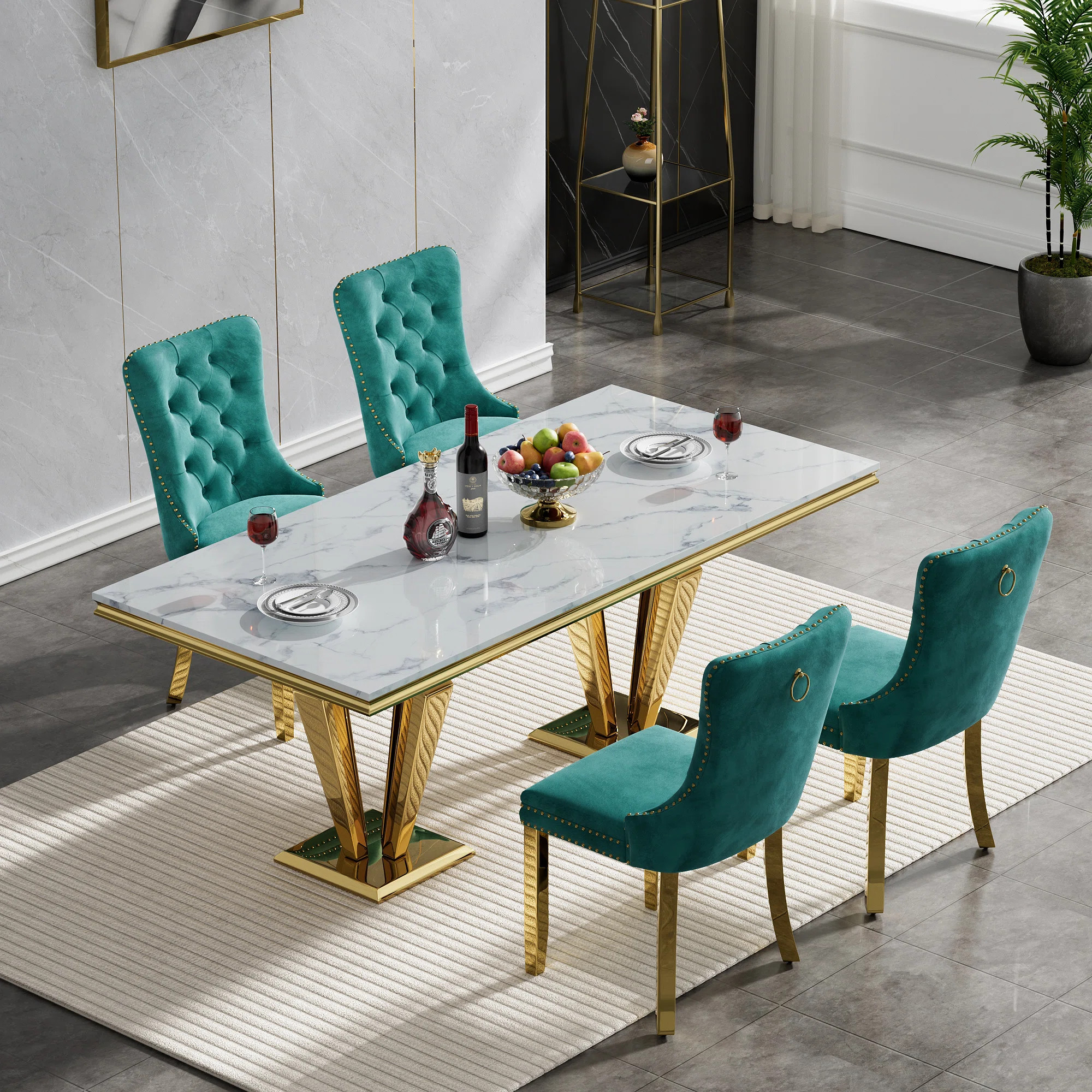 Rectangle Dining Table Set, Faux Marble Dining Table & Velvet Chairs with Stainless Steel Pedesta... | Wayfair North America