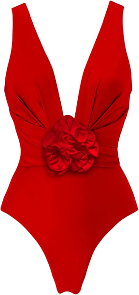FLAXMAKER Detachable 3D Flower Red Swimsuit Cover up Set One Piece Swimsuit and Skirt | Amazon (US)