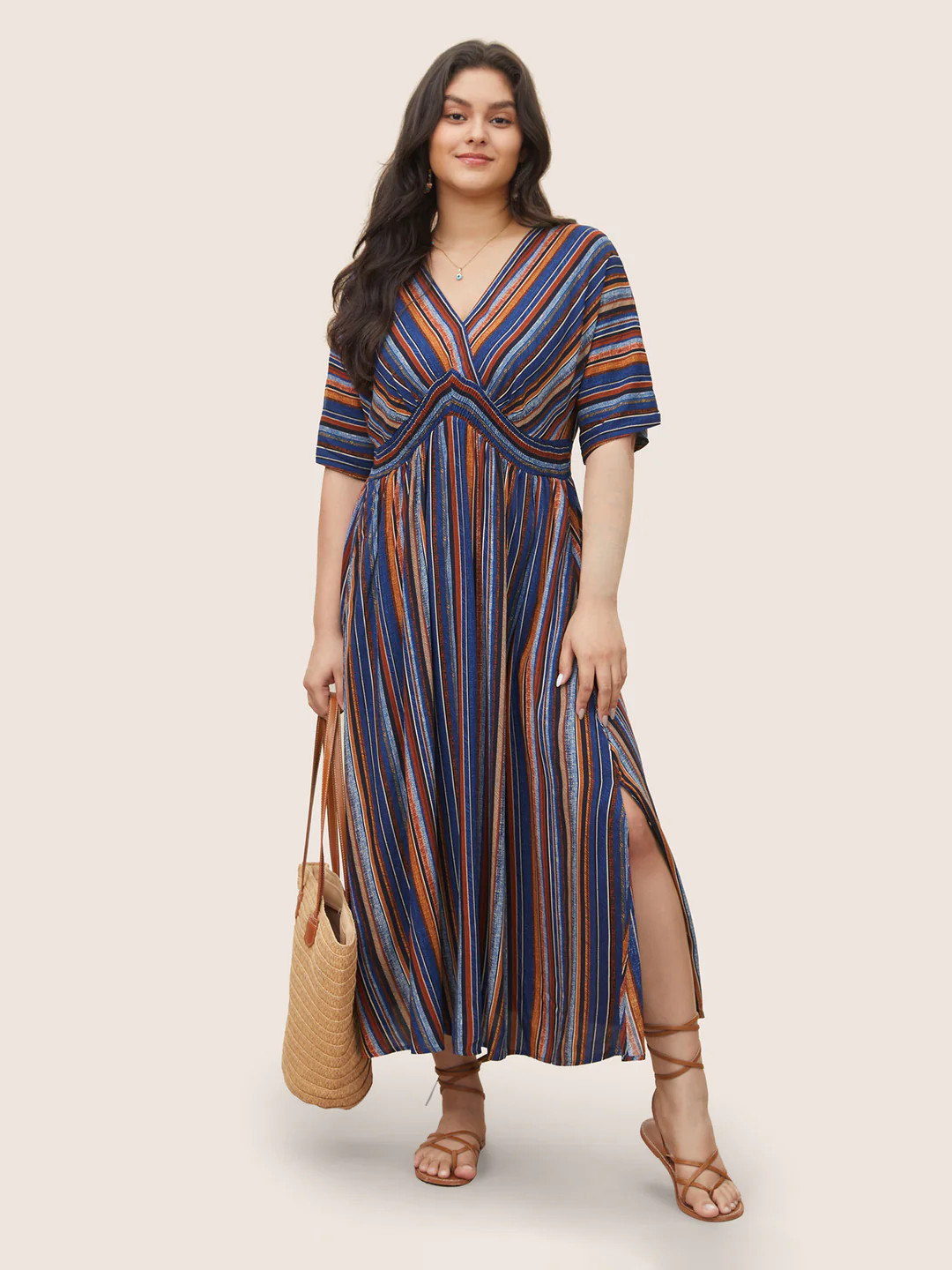 Striped Contrast Dolman Sleeve Shirred Pocket Split Flutter Dress | Bloomchic