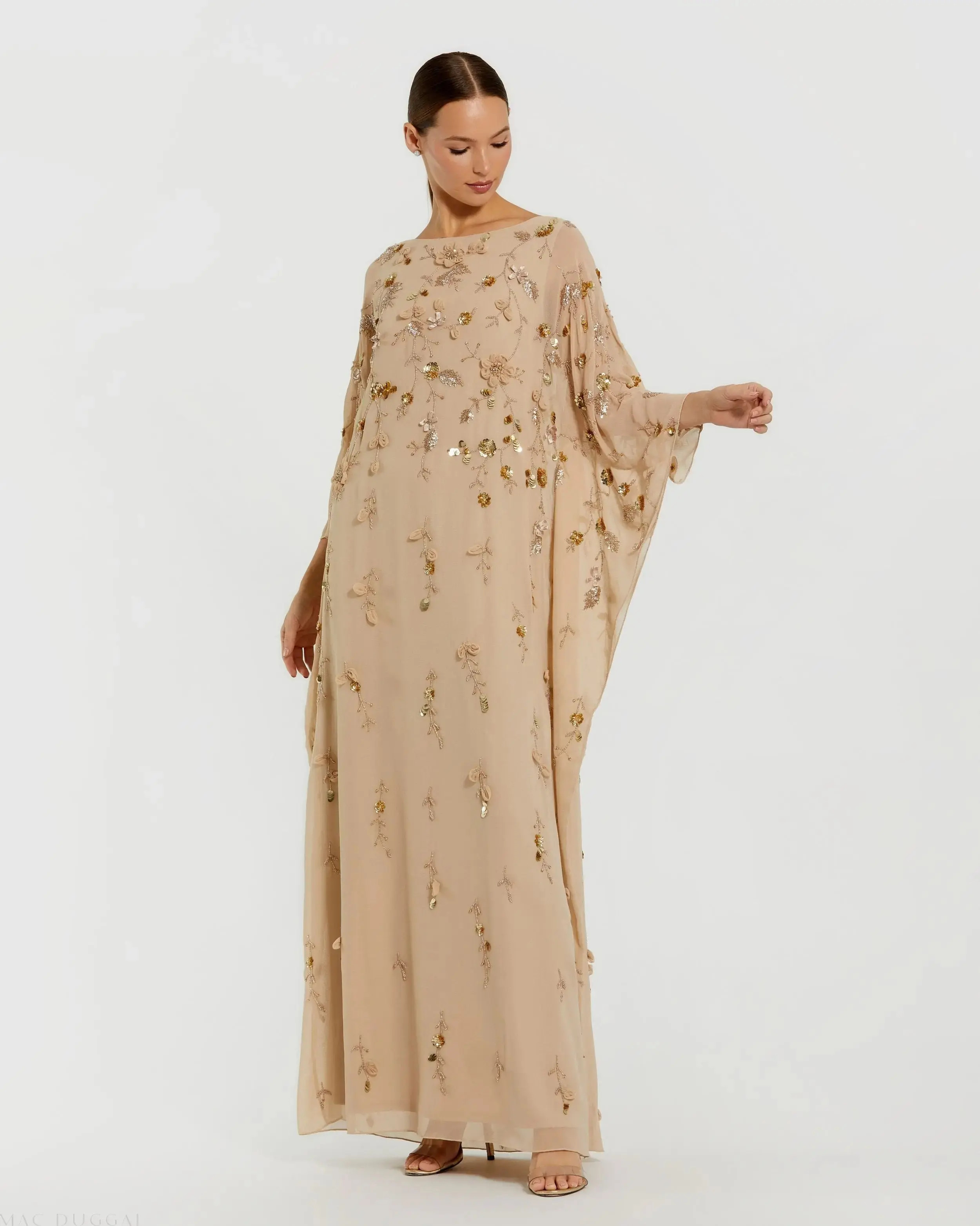 Beige Floral Embellished Kaftan Gown | Mac Duggal | Mac Duggal