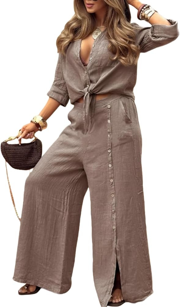 Perbai Womens Summer 2 Piece Outfits Button Down Tie Front Shirt Wide Leg Long Palazzo Pants Matc... | Amazon (US)