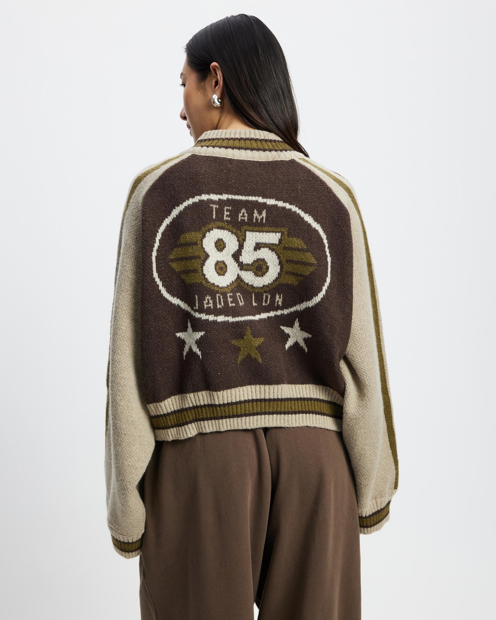 Jaded London - Team 85 Knitted Bomber Jacket - Coats & Jackets (Brown) Team 85 Knitted Bomber Jacket | THE ICONIC (AU & NZ)
