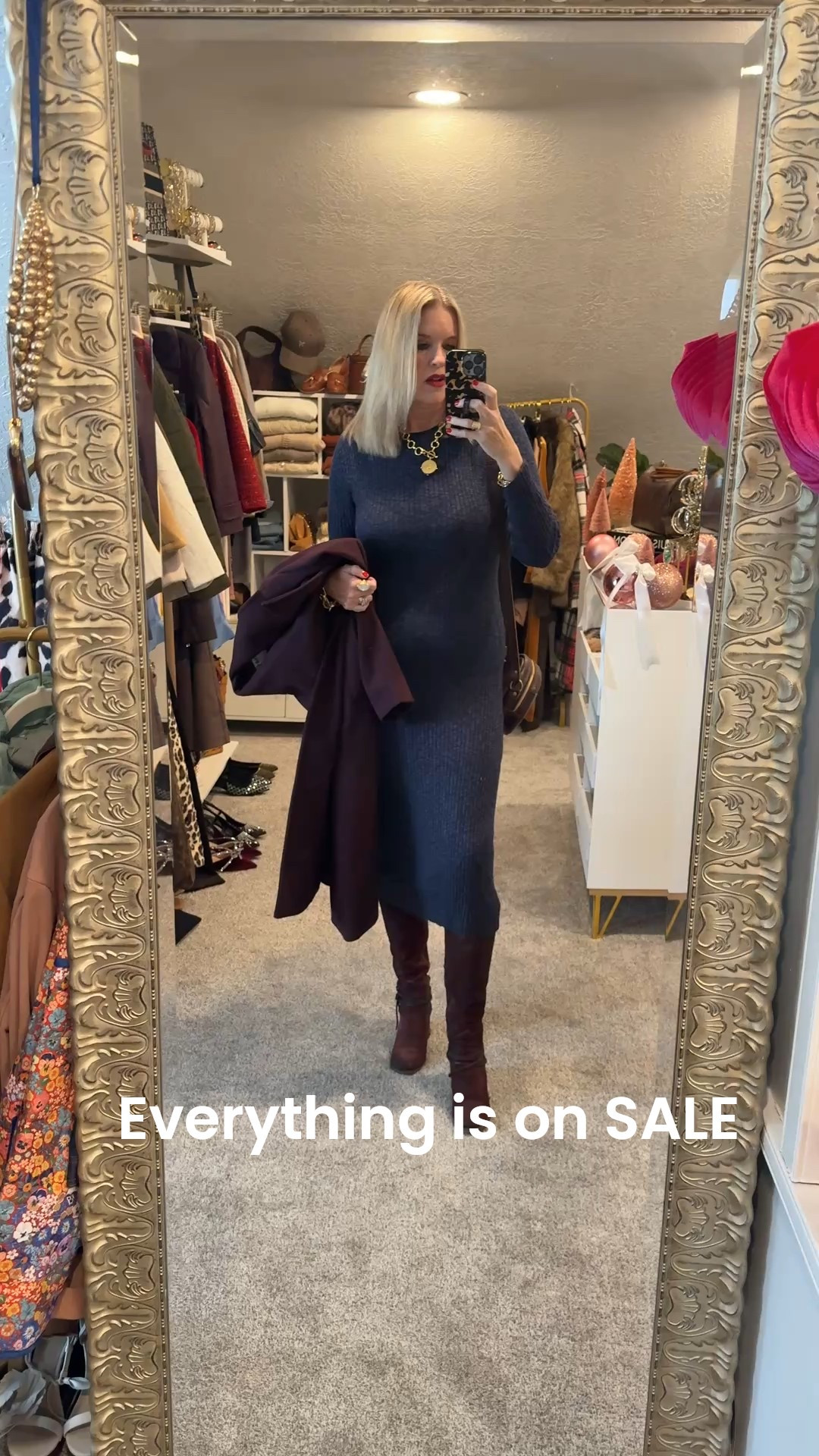 OOTD 
Sunday best and then to see the nutcracker 

Everything is on sale

Sweater dress comes in several colors fits tts in a med 

Wine/burg long coat on sale $44 fits tts and looks and feel lux 

Julie voz jewelry up to 60% off 
Necklace, earrings 2 bracelets and ring 

Free bird suede wine boots  tts 

Leather circle bag Portland leather 

#LTKCyberWeek 

#LTKOver40 #LTKSaleAlert #LTKootd