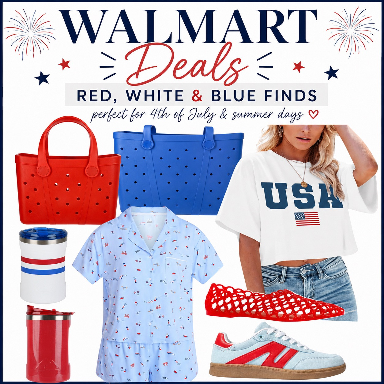 Walmart Deals Week ❤️🤍💙
Today’s theme: Summer & 4th of July Finds.
From beach totes and patriotic pajamas to tumblers, sneakers, and the cutest jelly flats, these are some of my favorite Walmart Deals finds for summer.
Perfect for pool days, beach trips, ballgames, backyard BBQs, and all the red, white & blue celebrations ahead.

#LTKSeasonal #LTKOver40 #LTKSwim