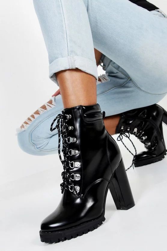 Lace Up Heeled Combat Boots | Boohoo.com (US & CA)