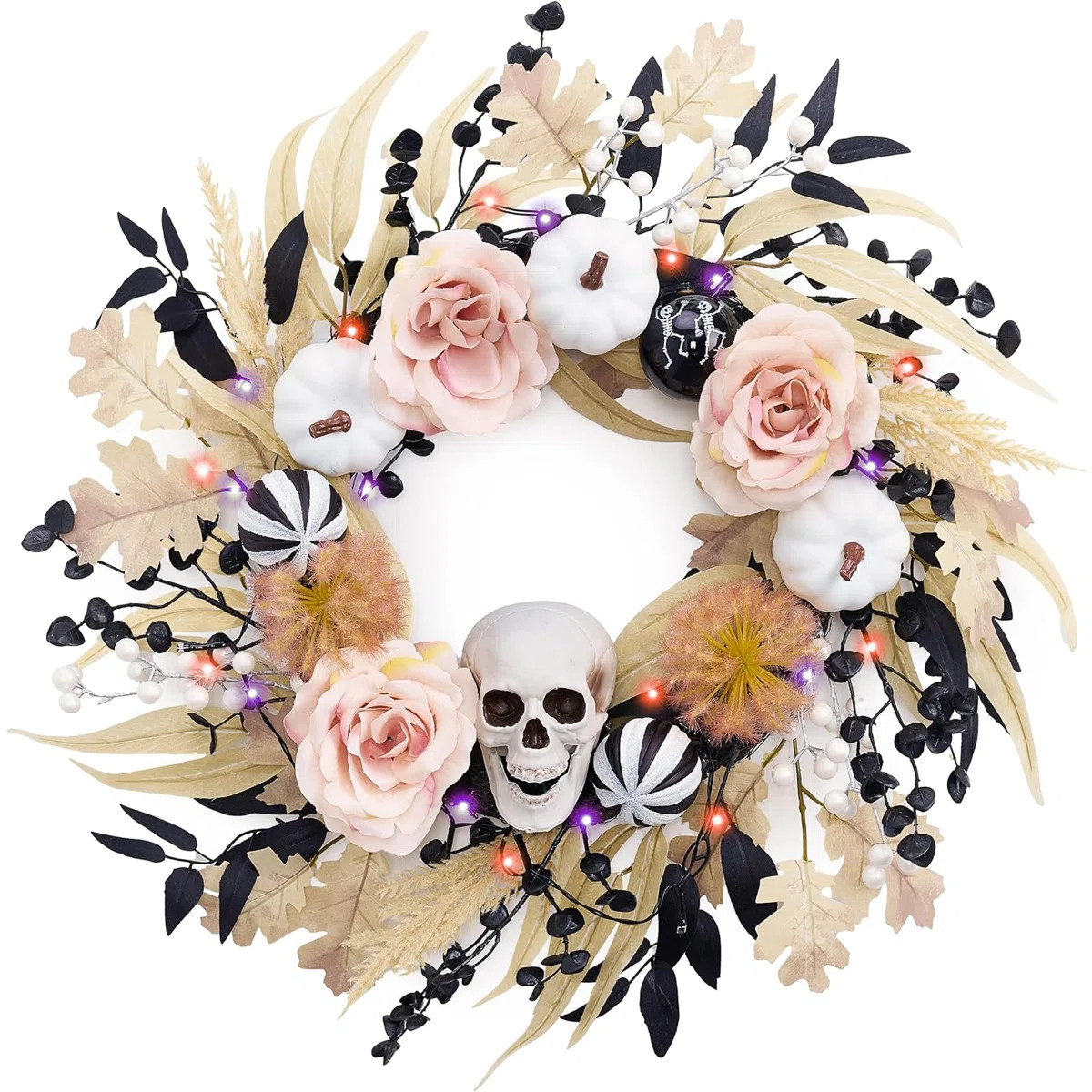 24 Inch Collapsible Halloween Wreath for Front Door with Lights, Pre-Lit Fall White Pumpkin Skull... | Wayfair North America