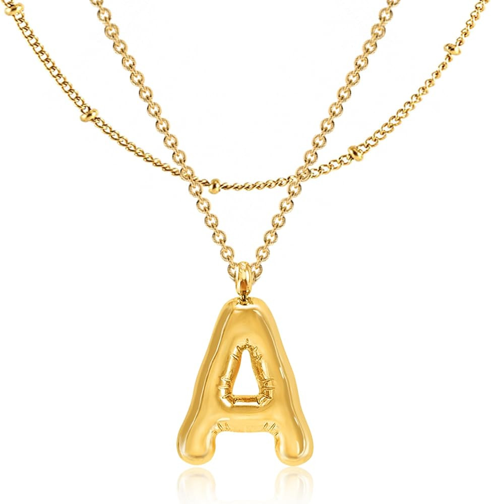 Bubble Letter Necklace Gold Women Girls - 18K Gold Plated Initial Necklaces for women, Dainty Let... | Amazon (US)