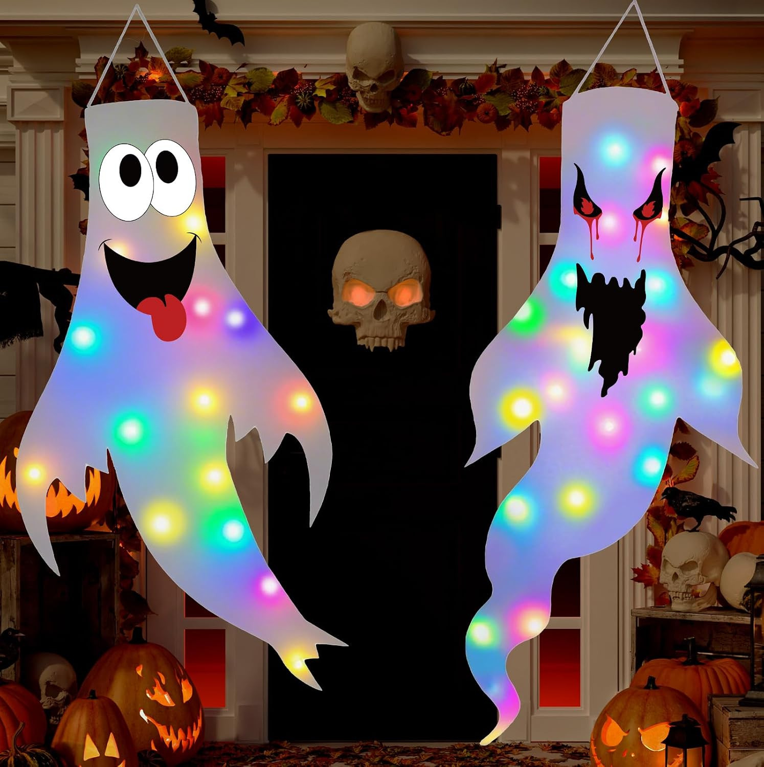 Halloween Decorations Outdoor Indoor, 2 Pack Light Up Ghost Decorations with LED Lights, Hanging Ghost Halloween Decor for Yard Porch Garden Lawn Party (2B-2Pack) | Amazon (US)