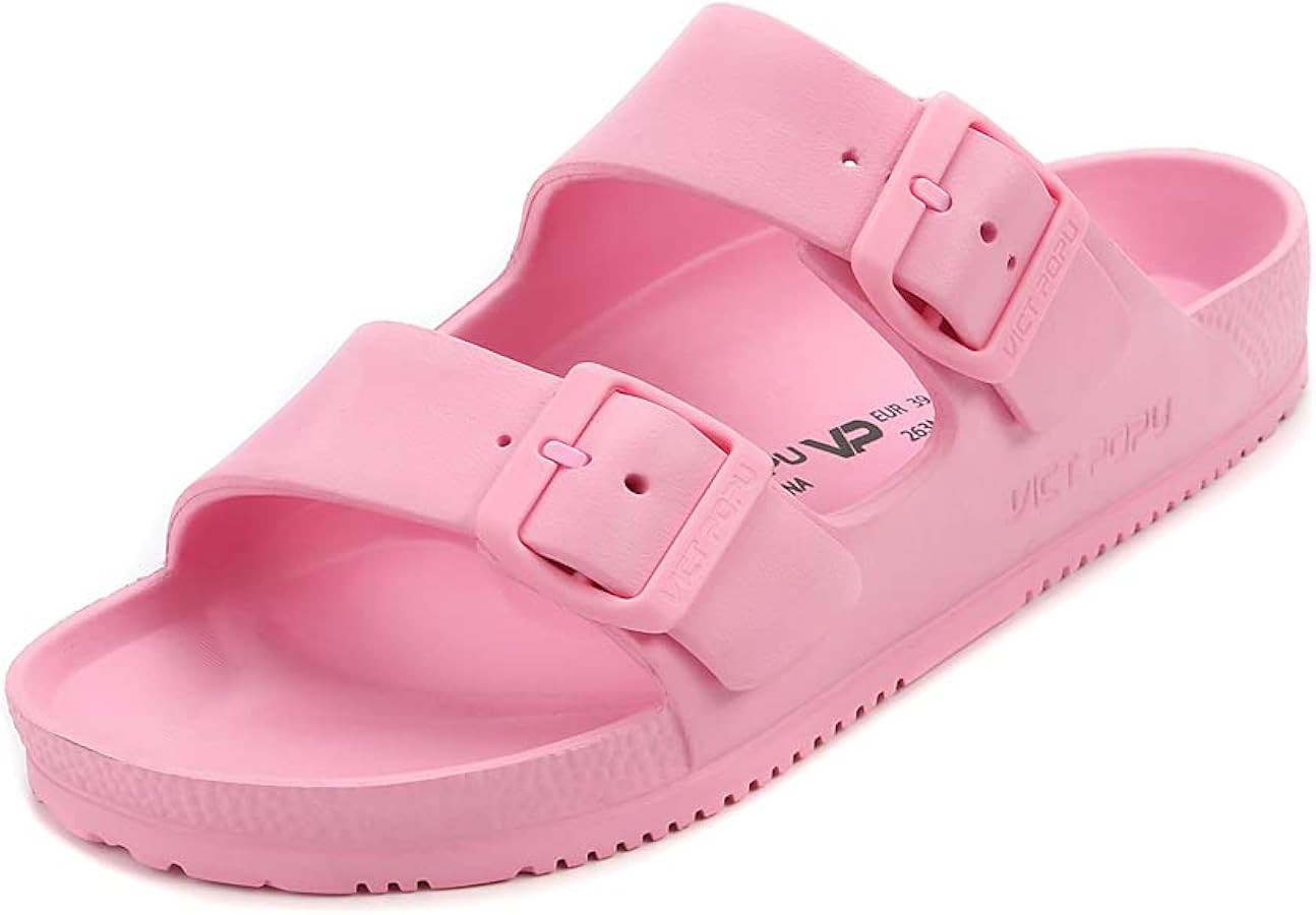 VICT POPU Womens Sandals Adjustable Double Buckle Strap Waterproof EVA Flat Slides | Amazon (US)