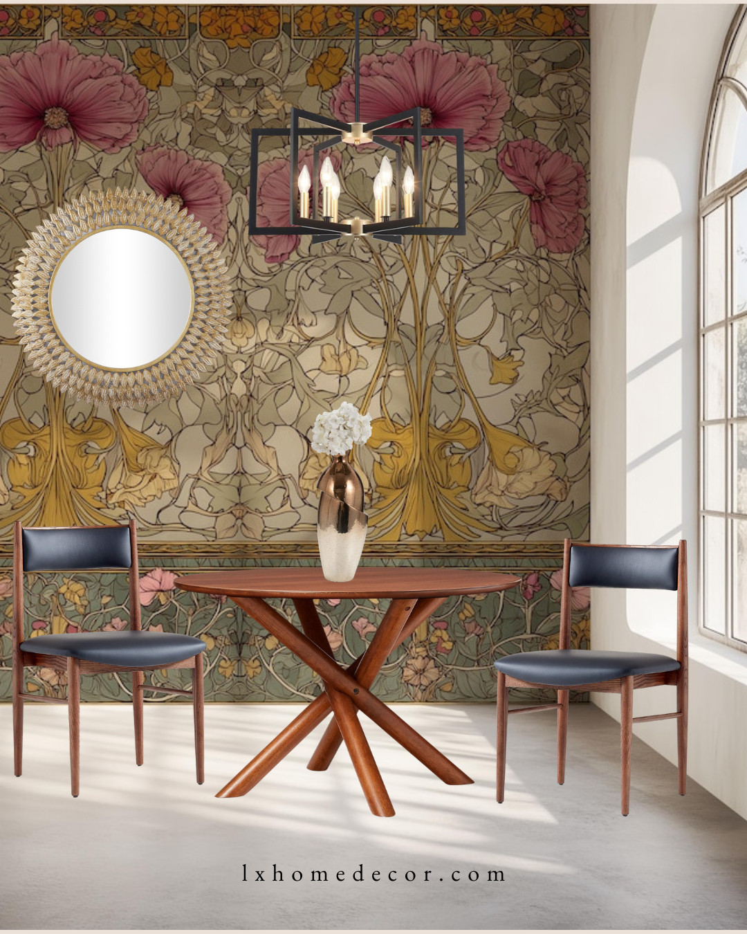 This setup is all about making a statement with pattern. The oversized floral mural creates a stunning, high-end backdrop for the mid-century walnut table and sleek leather chairs. I love how the black-framed chandelier and sunburst mirror add a modern, sharp edge to the romantic walls. It’s a bold look that feels perfectly curated. Shop the pieces below.

#LTKhome #DiningRoomGoals #ArtNouveau #BoldInteriors 

 #LTKSpringSale #LTKHome #LTKSaleAlert