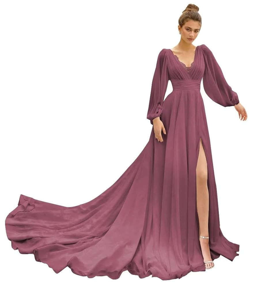 Long Sleeve Beach Wedding Dresses for Bride Chiffon Prom Dress Lace Boho Bridal Wedding Gowns | Amazon (US)