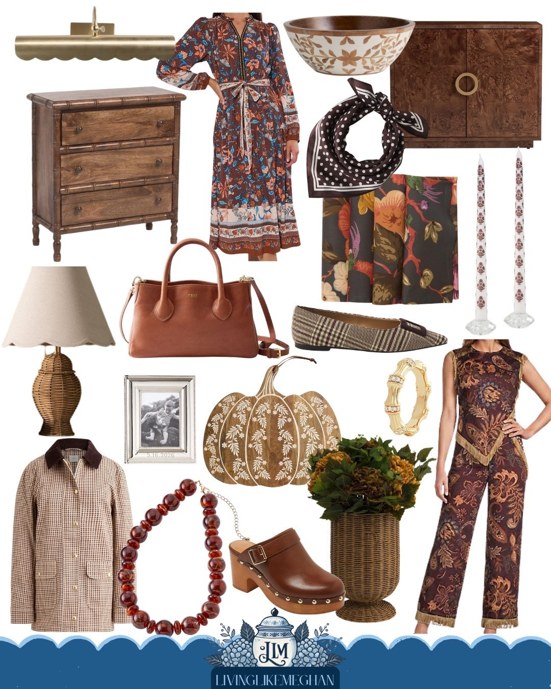 Early fall moodboard styled with warm wood tones, cozy autumn layers, and traditional home accents 🍂 Everything from the floral dress, plaid jacket, and clog mules to the scallop table lamp, wicker urn, and wooden pumpkin decor is tagged in the product grid below for easy shopping! 🤎

#LTKootd #LTKSaleAlert #LTKHome