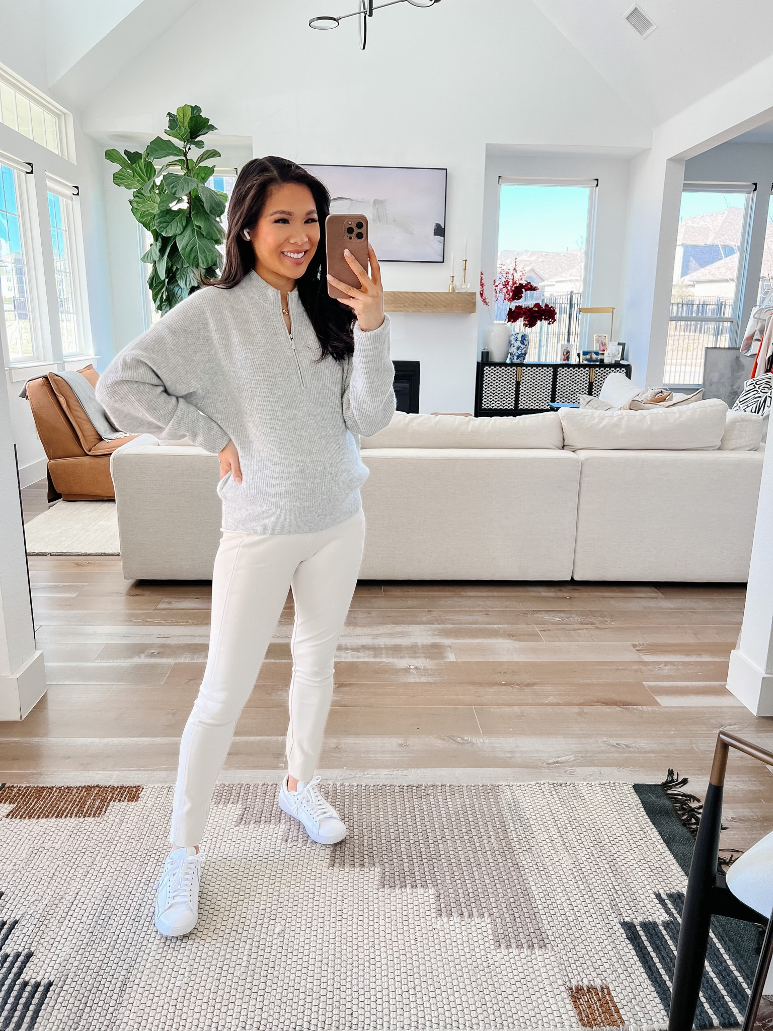 Wearing M.M. LaFleur cashmere zip-up pullover and Stella legging, which is on sale for only $60! Wearing size XS in the pullover and size 4 in the leggings. Great every day outfit to run errands in, grabbing lunch or lounging. Leggings can be dressed down or up for a business casual look. Love this pullover because it is 100% cashmere and keeps me so warm during Winter! Paired with white sneakers. 

#LTKstyletip #LTKsalealert #LTKSeasonal