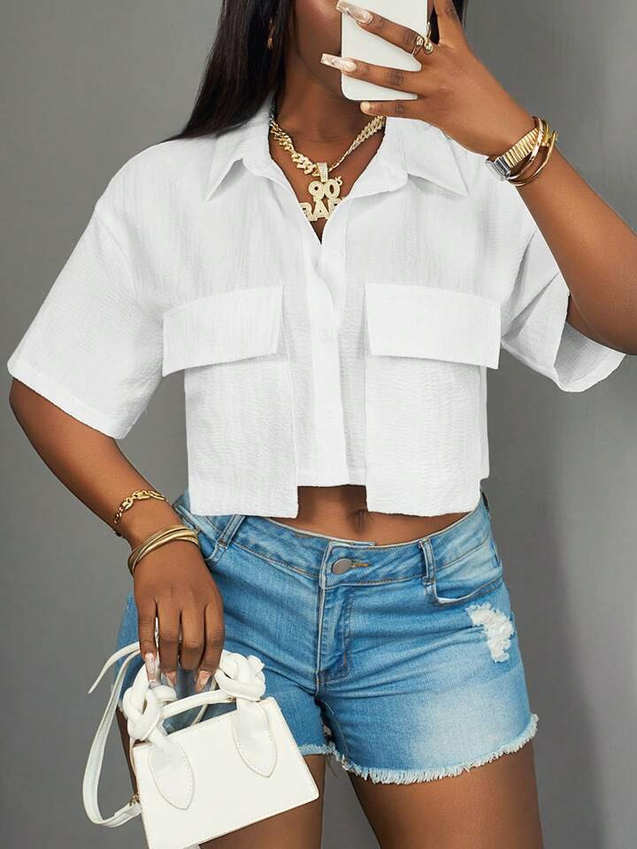 Slaydiva 2025 New Ladies Casual Stree Pocket Short Sleeve Shirt Collar Loose Crop White Drop Shou... | SHEIN