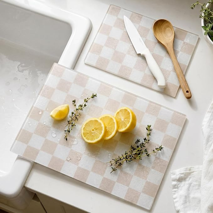 2 Pack Tempered Glass Cutting Boards Beige Check Glass Boards | Amazon (US)