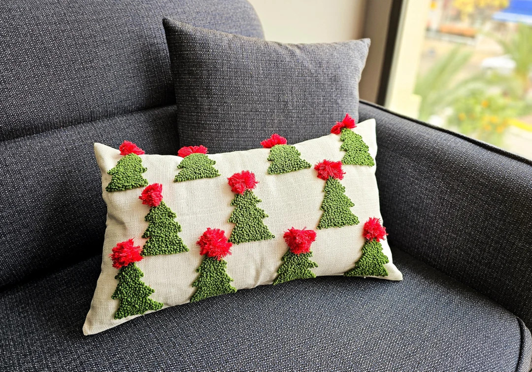 Punch Needle Christmas Green Tree Lumbar Pillow Case With Red Pom Poms, Christmas Home Decor, Acc... | Etsy (US)