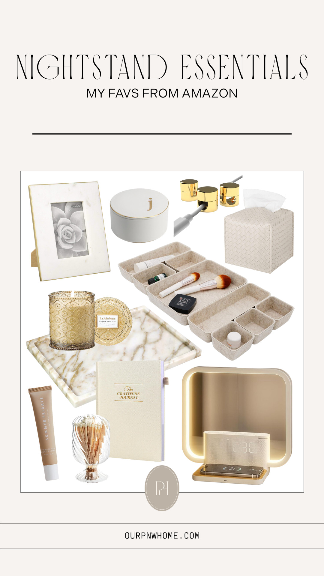 My Amazon favorites for making the nightstand pretty and functional!

alarm clock, tissue box cover, white photo frame, marble tray, jewelry dish, cord keeper, charger holder, candle matches, journal, drawer organizers, lip balm, bedroom essentials, bedside table, home decor, home organization, bedroom decor, home accents, neutral home 

 #LTKselfcare #LTKHome #LTKFindsUnder100