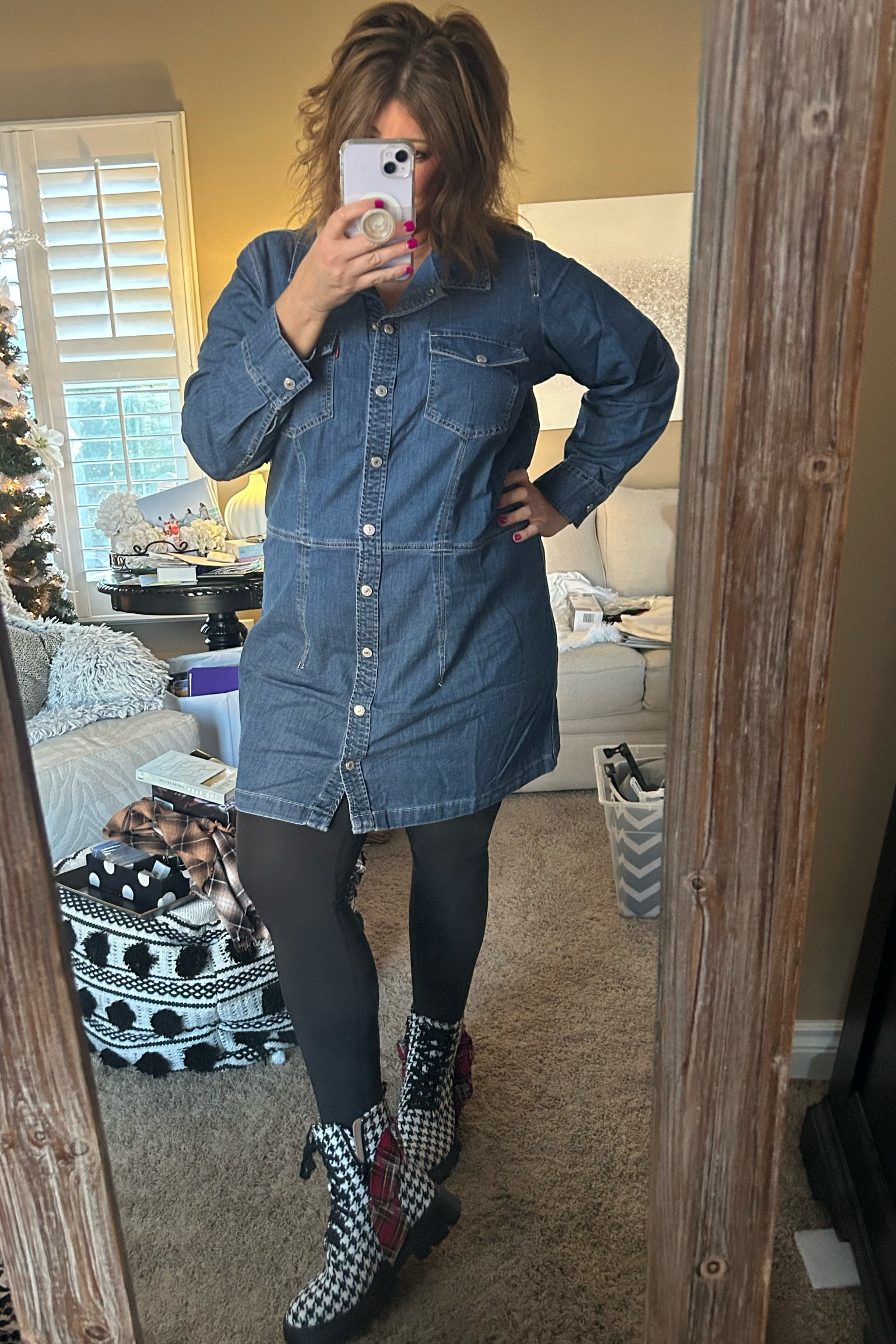 denim dress with combat boots michelle_fashion123 on LTK