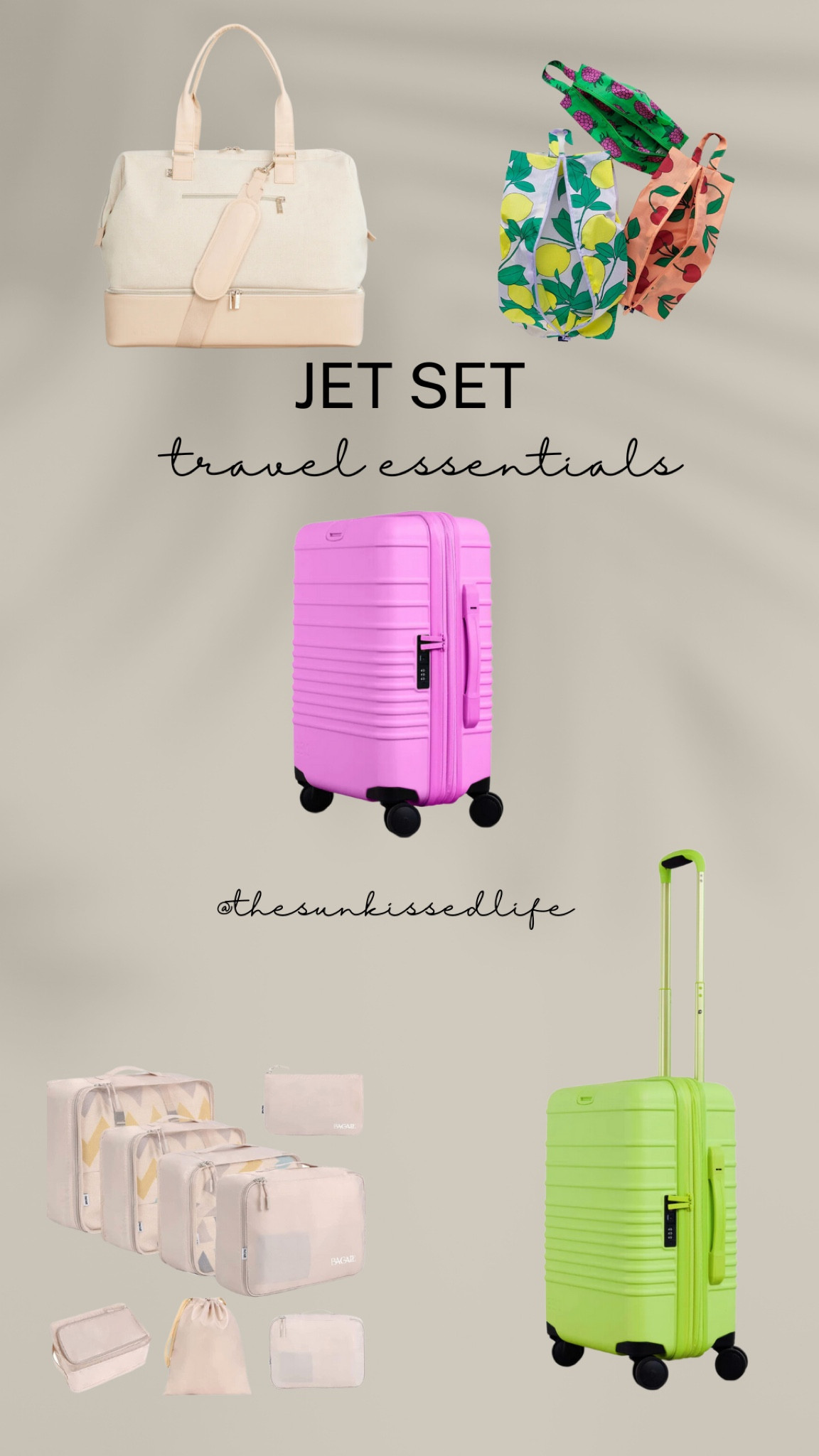 spring and summer travel essentials, including beige packing cube set from amazon, colorful fruit packing cubes, beige beis weekender bag, hot pink and citron lime green carry on bags from beis 😍 

#LTKtravel #LTKGiftGuide #LTKunder100