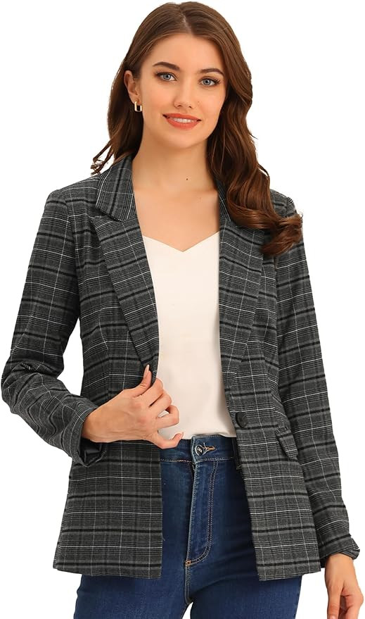 Allegra K Women's Notched Lapel One Button Boyfriend Blazer Suit Plaid Blazer Jacket | Amazon (US)