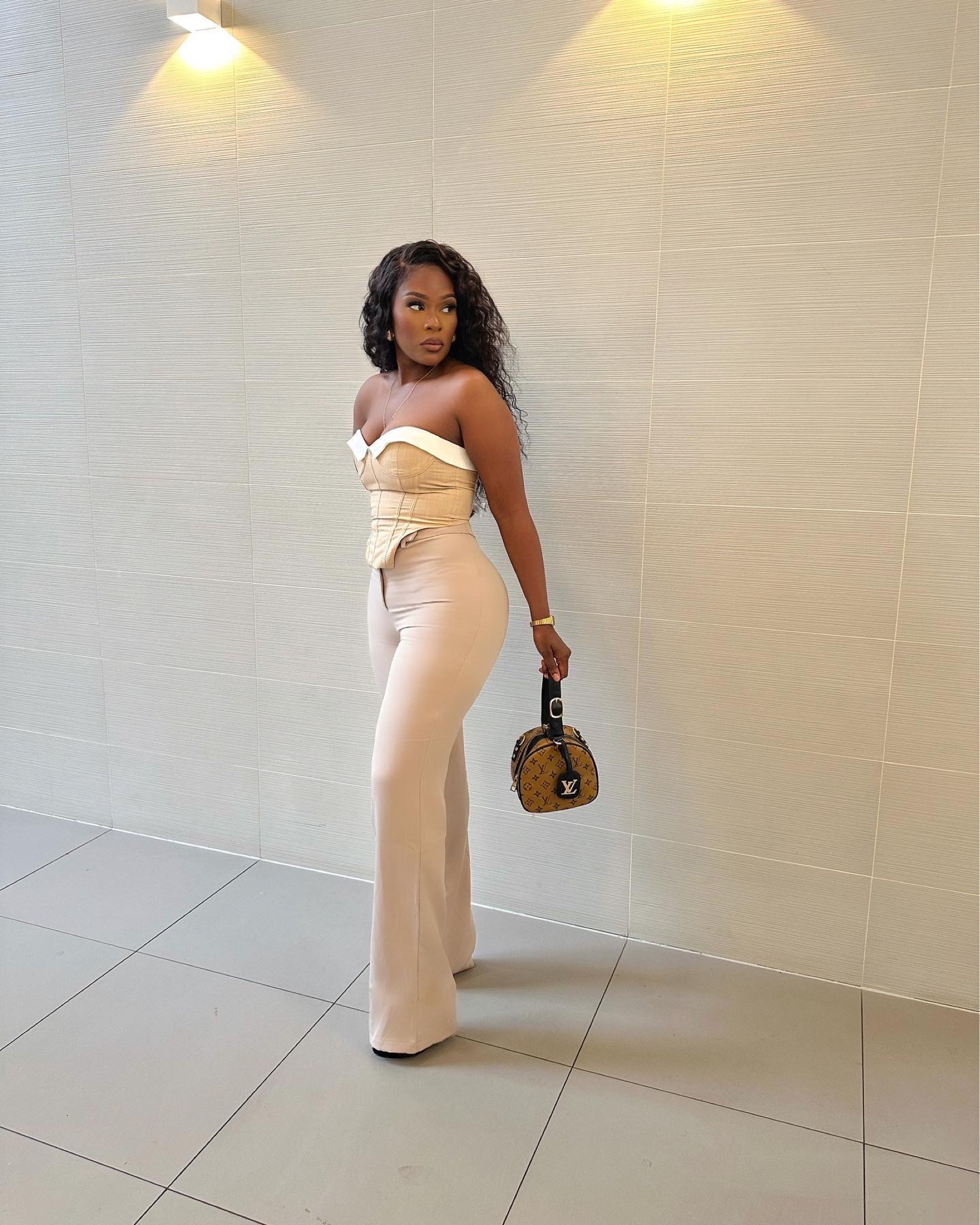 Corset top, tube top, beige top, high waisted beige tailored trousers, wide leg, two piece set, co-ord, circle bag, Louis vutton bag, PLT 

#LTKeurope #LTKstyletip #LTKSeasonal
