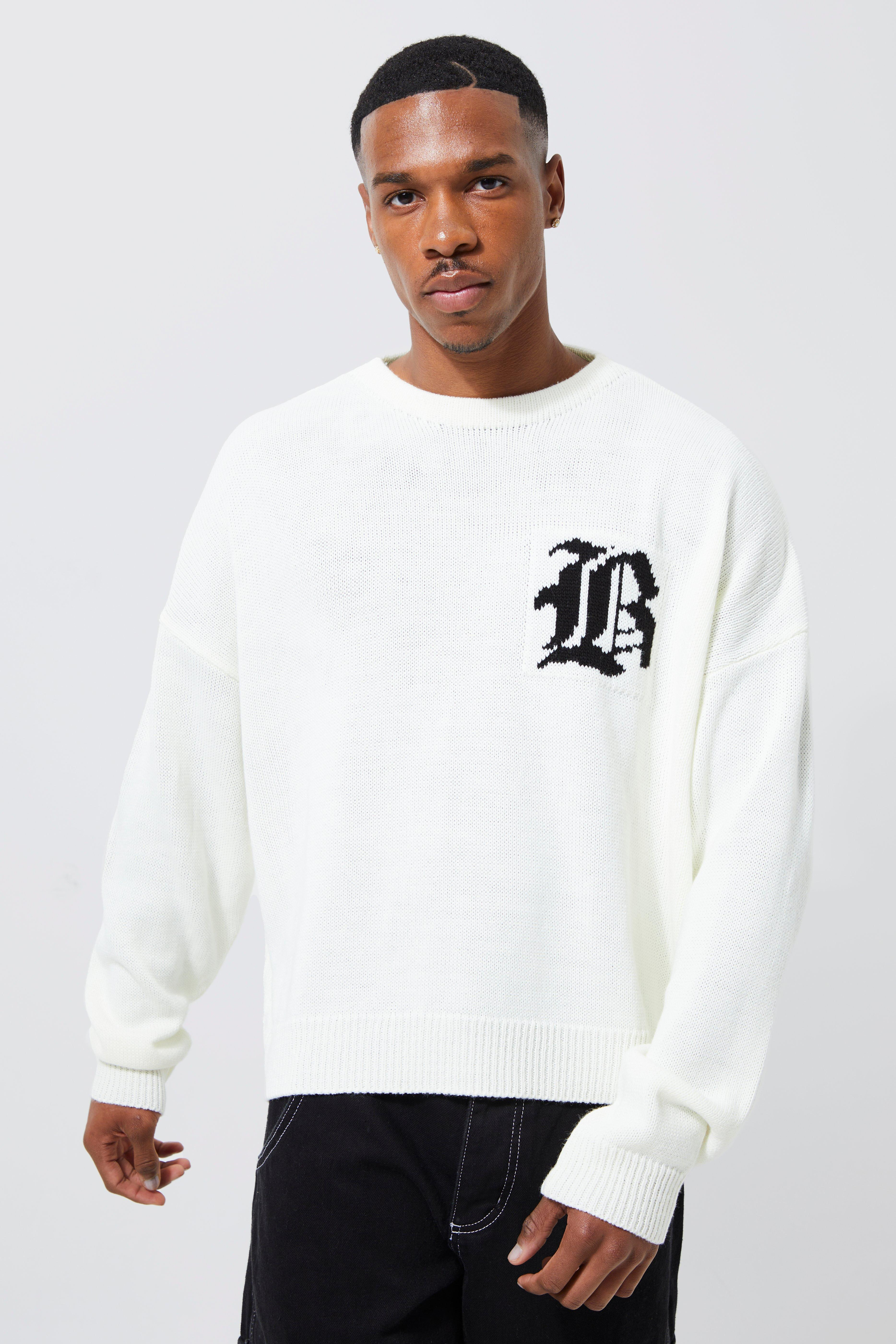 Boxy B Knitted Sweater | boohooMAN (US & Canada)