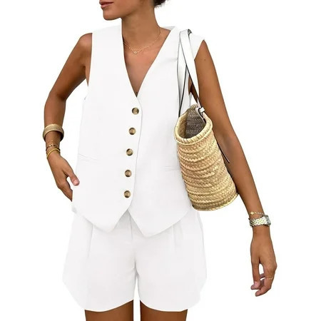 Women'S Summer 2 Piece Outfits Sleeveless Matching Sets Button Down V Neck Vest Waistcoat and Pockets Shorts White XXL | Walmart (US)