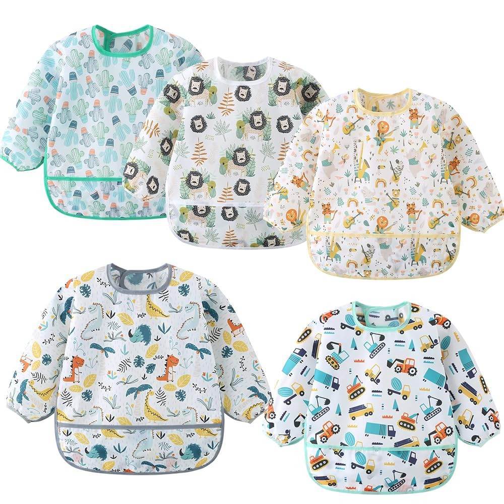 5 Pack Long Sleeve Bib,Baby Toddler Waterproof Sleeved Bib for 6-30 Months Reusable with Catch-al... | Amazon (US)