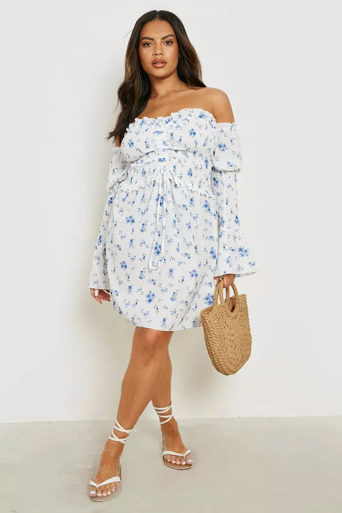 Plus Shirred Off The Shoulder Floral Skater Dress | boohoo (US & Canada)