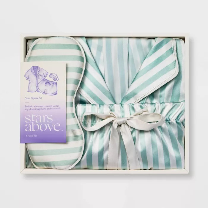 Women's 3 Piece Striped Satin Notch Collar Pajama Set - Stars Above™ Mint | Target