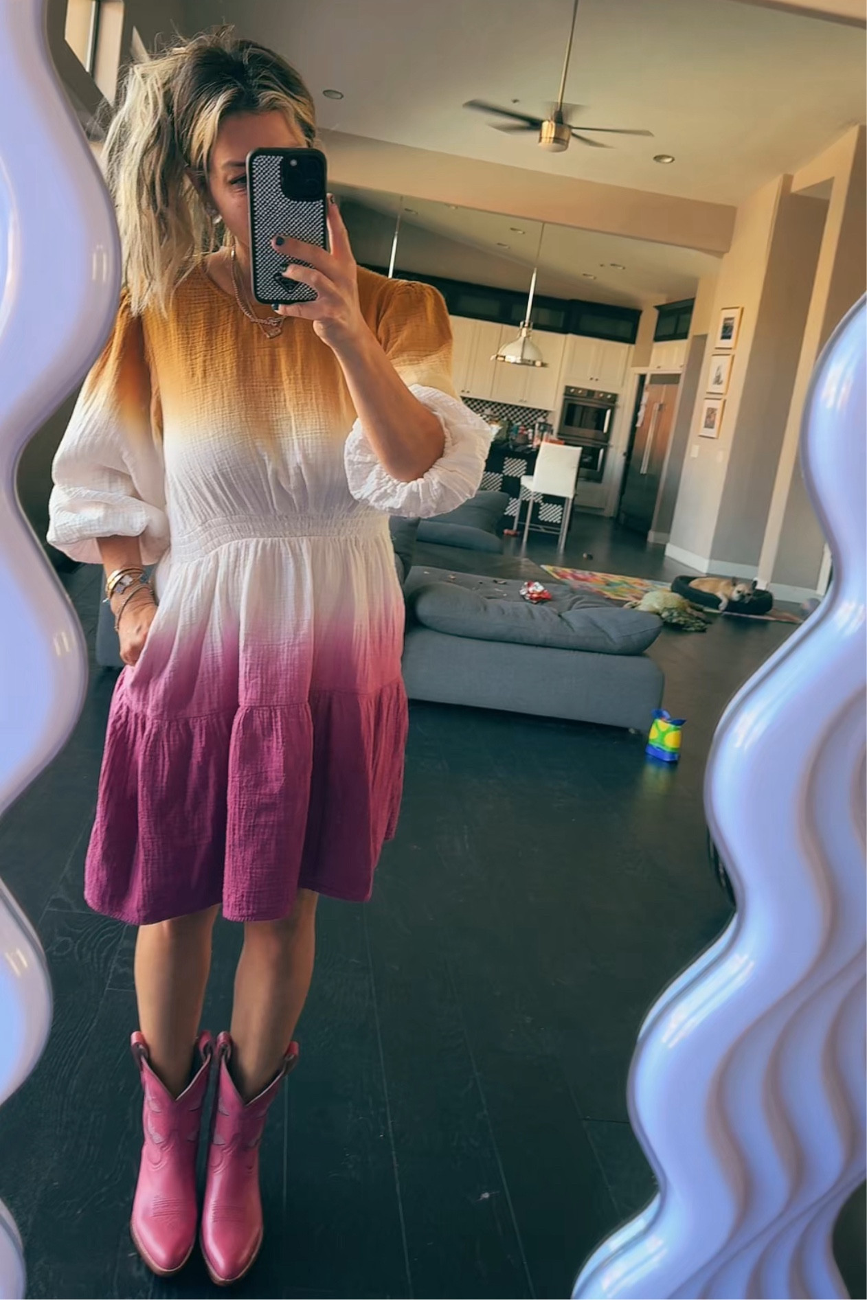 I probably wouldn’t pair this together but I did my unboxing and this is what I was wearing 🤣 the pinks did sort of match though 💓

Added below are the exact cowboy boots and some looks for less. 