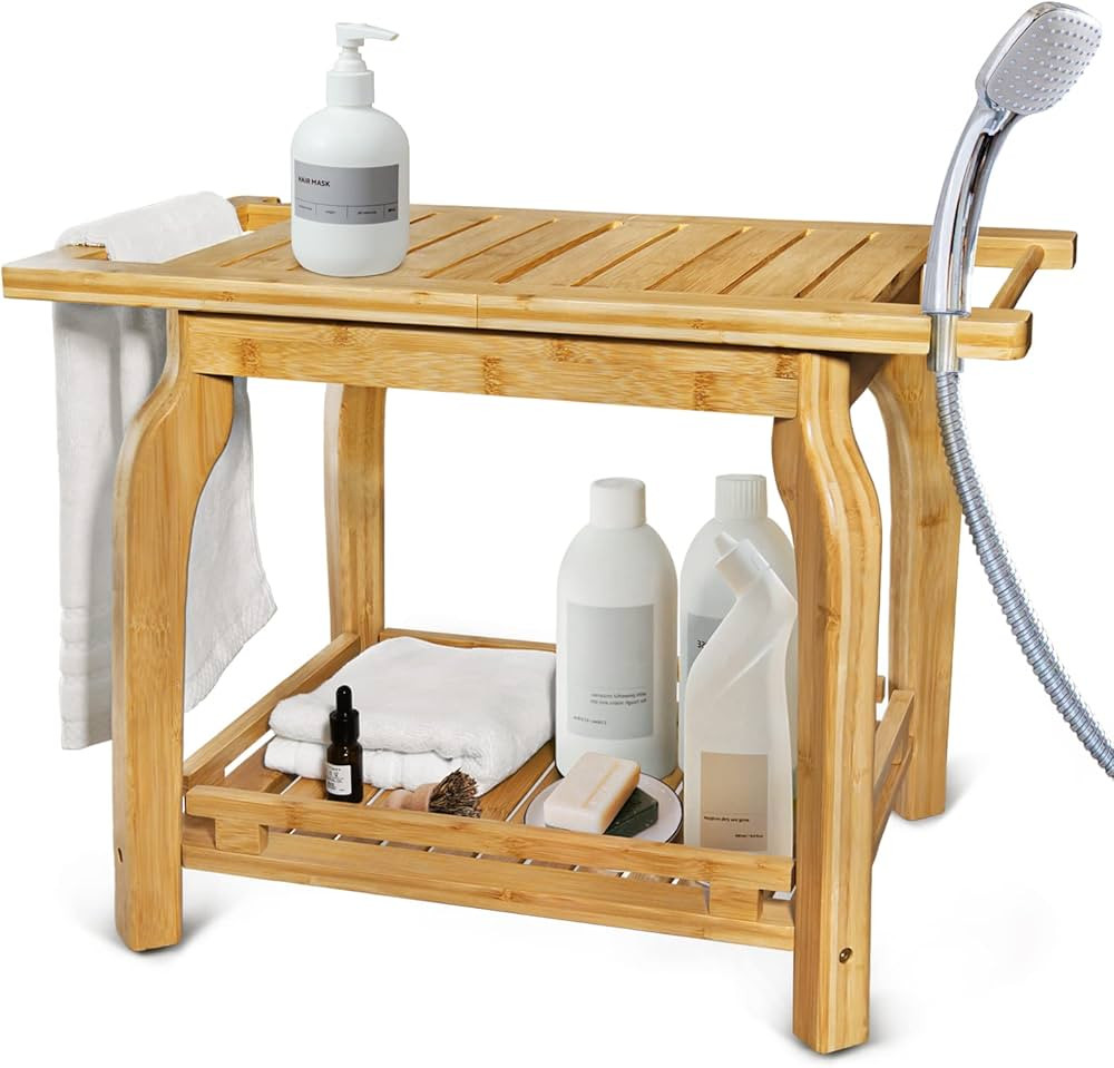 2-Tier Bamboo Shower Bench for Inside Shower Shaving Legs, 25 Inch Waterproof Bathroom Bench Show... | Amazon (US)