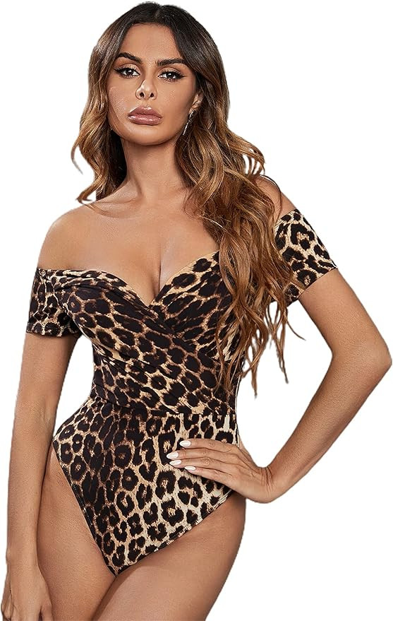 Milumia Women's Leopard Short Sleeve Off The Shoulder Skinny Tops Bodysuit Jumpsuit | Amazon (US)