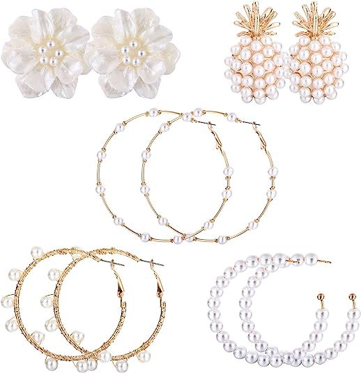 Finrezio Faux Pearl Hoop Stud Earrings Set Pineapple White Flower Stud Earrings Large Circle Open... | Amazon (US)