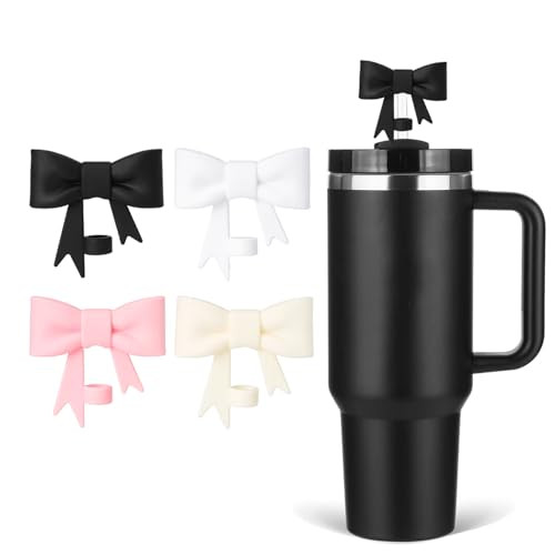 HIUSITY Black Bow Straw Cover Topper for Stanley Cup,Silicone Beige Straw Toppers for Tumbler with Handle 40oz,Cute 10mm/0.4in Straw Covers Cap,Reusable Straw Lids for Stanley Cups Accessories, 4Pcs | Amazon (US)