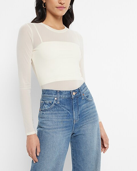 Mesh Crew Neck Long Sleeve Thong Bodysuit | Express